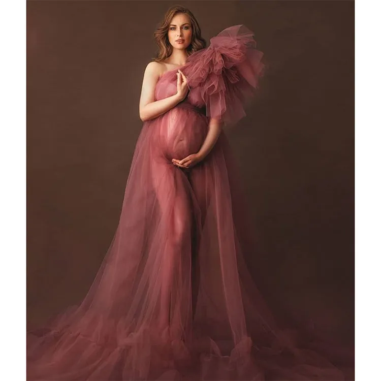 One Shoulder Sleeves Stretchy Waist Maternity Dress for Photoshoot Baby Shower Dresses