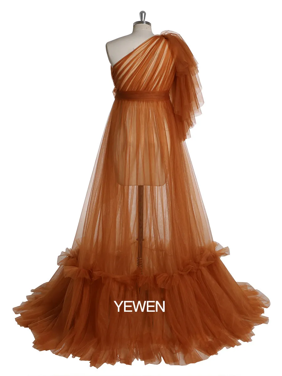 One Shoulder Sleeves Stretchy Waist Maternity Dress for Photoshoot Baby Shower Dresses