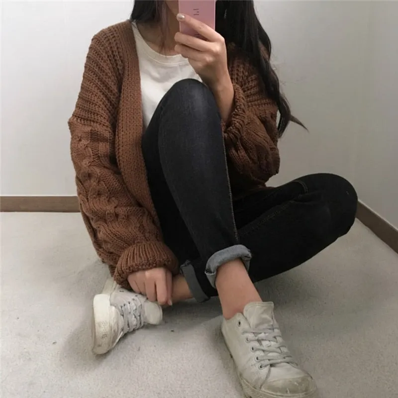 One Size Brown Knit Cardigan Sweater