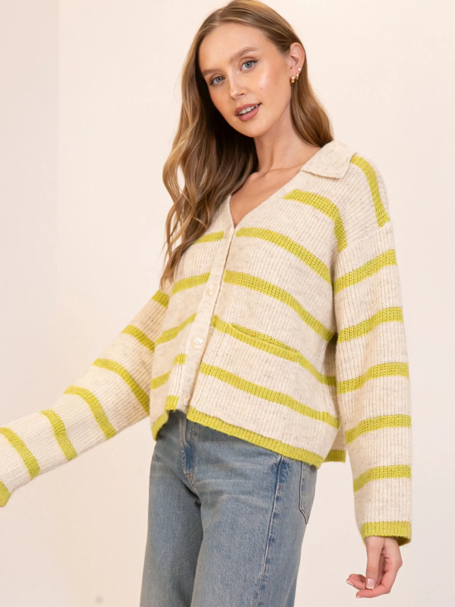 Oversized Collar Striped Cardigan
