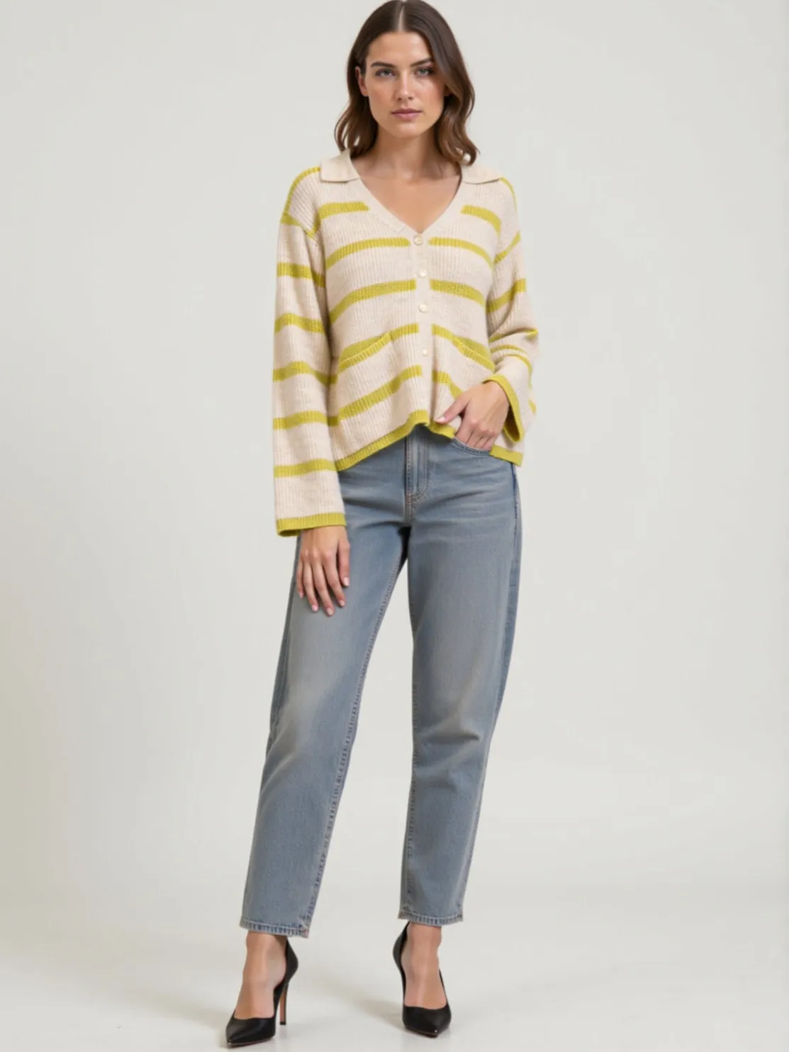 Oversized Collar Striped Cardigan