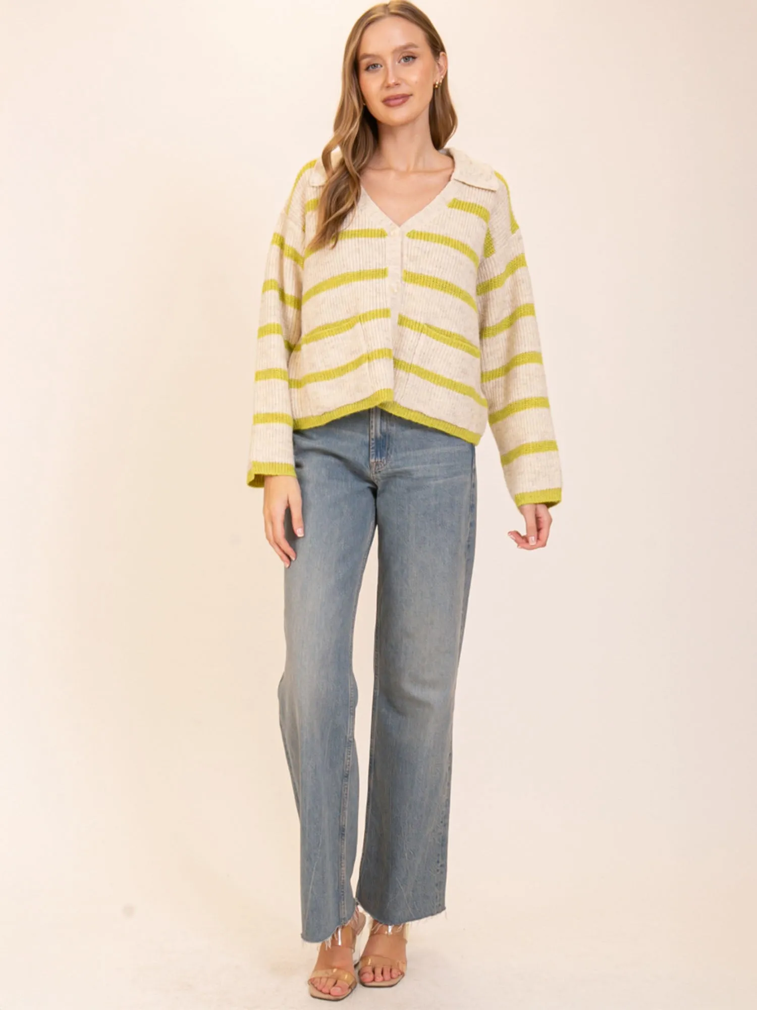 Oversized Collar Striped Cardigan