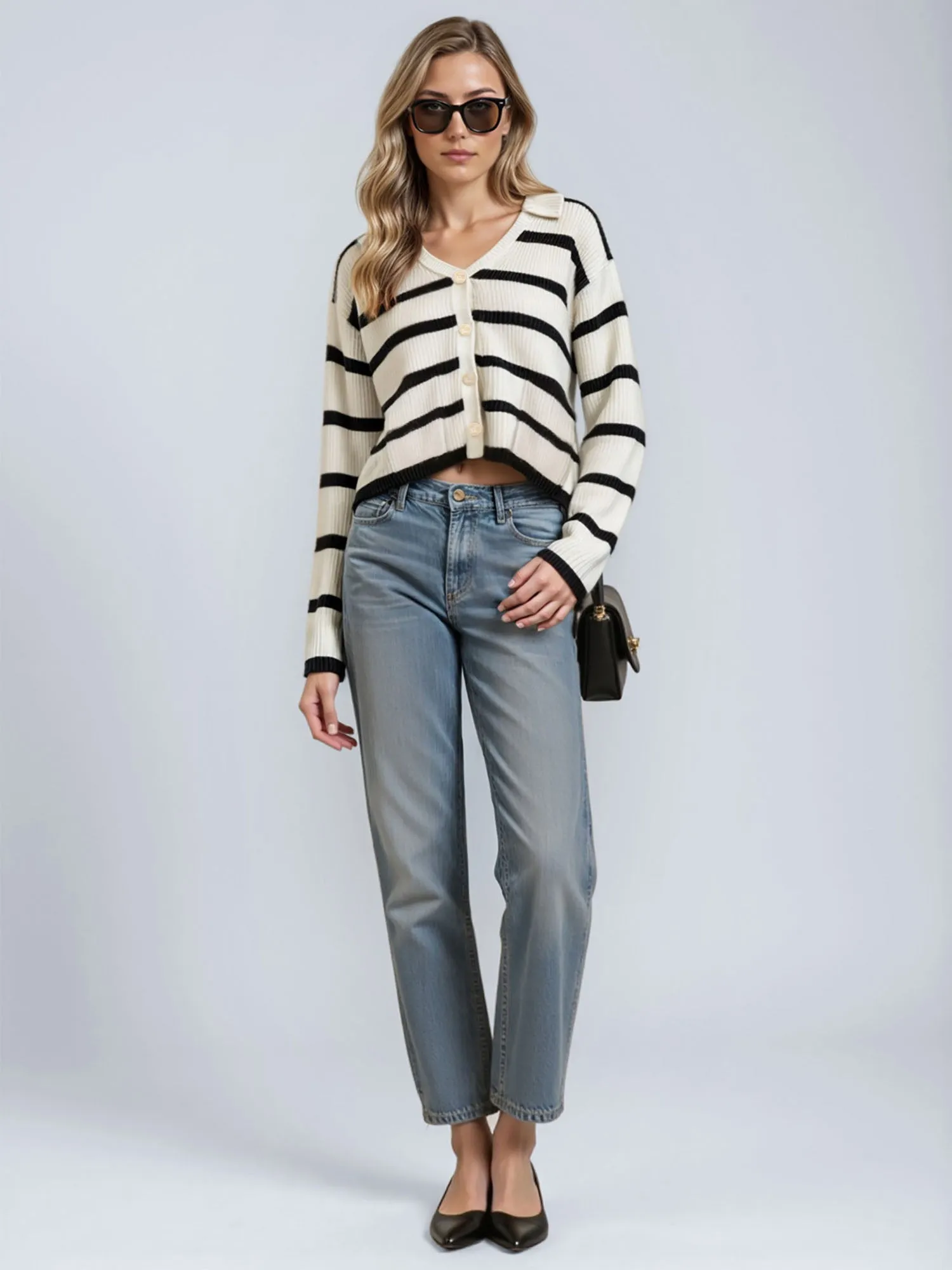 Oversized Collar Striped Cardigan