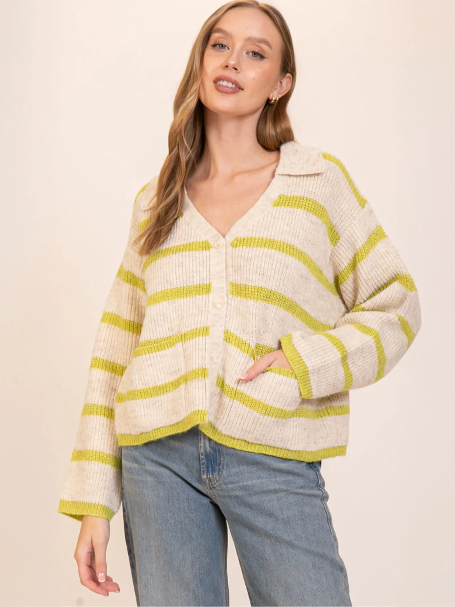 Oversized Collar Striped Cardigan