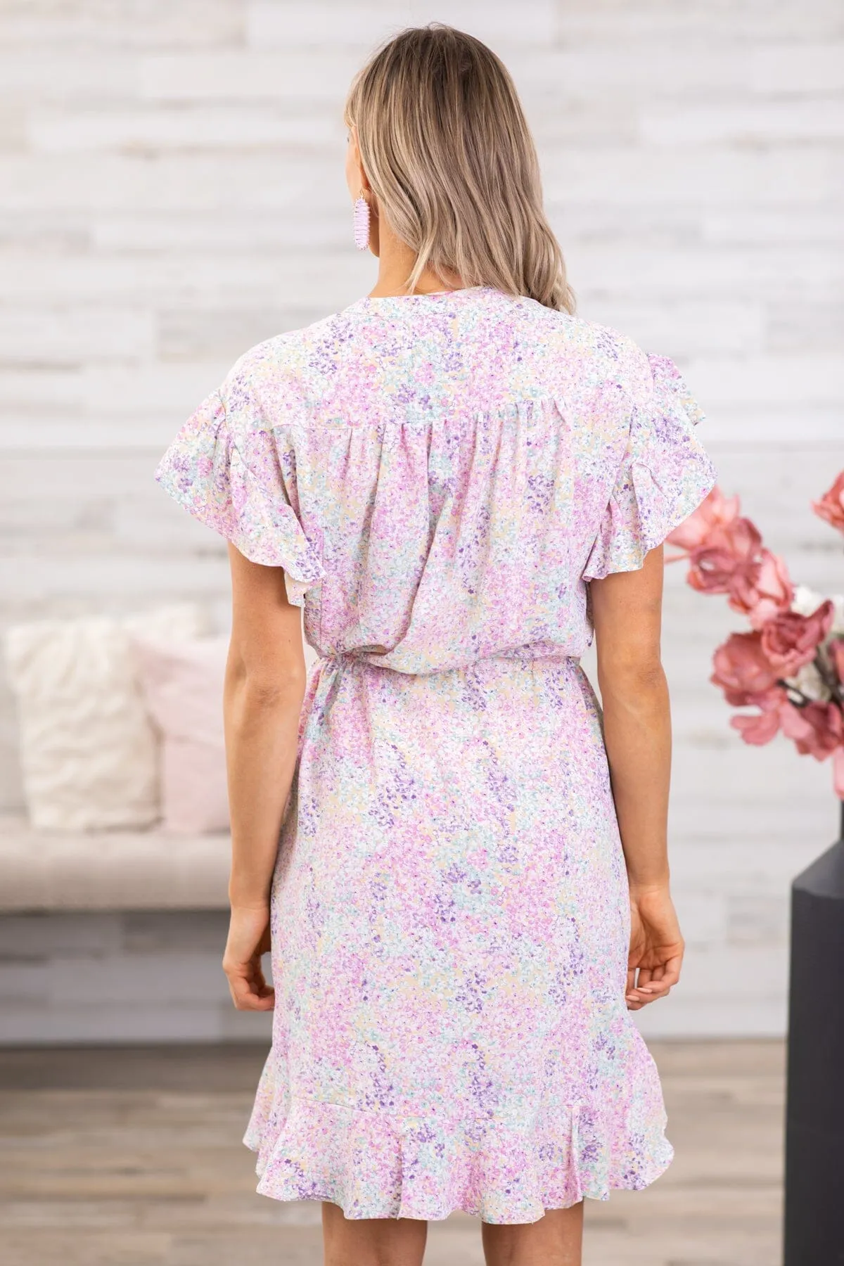 Pink and Lavender Floral Flutter Sleeve Dress
