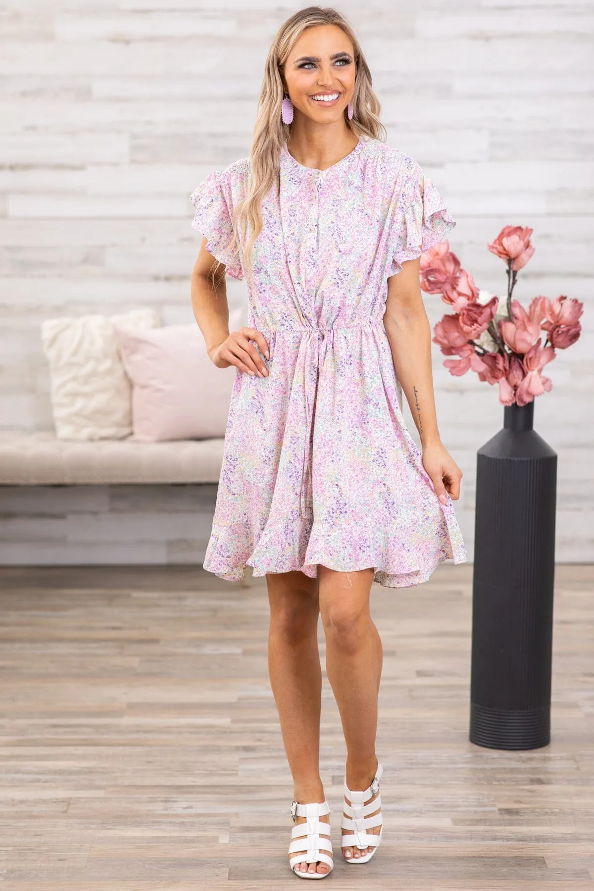Pink and Lavender Floral Flutter Sleeve Dress