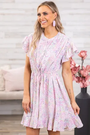 Pink and Lavender Floral Flutter Sleeve Dress