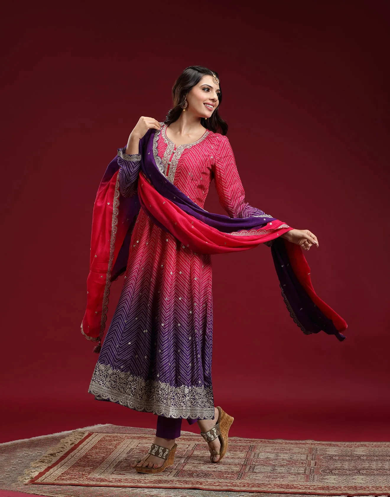 Pink And Purple Ombre Festive Anarkali Set