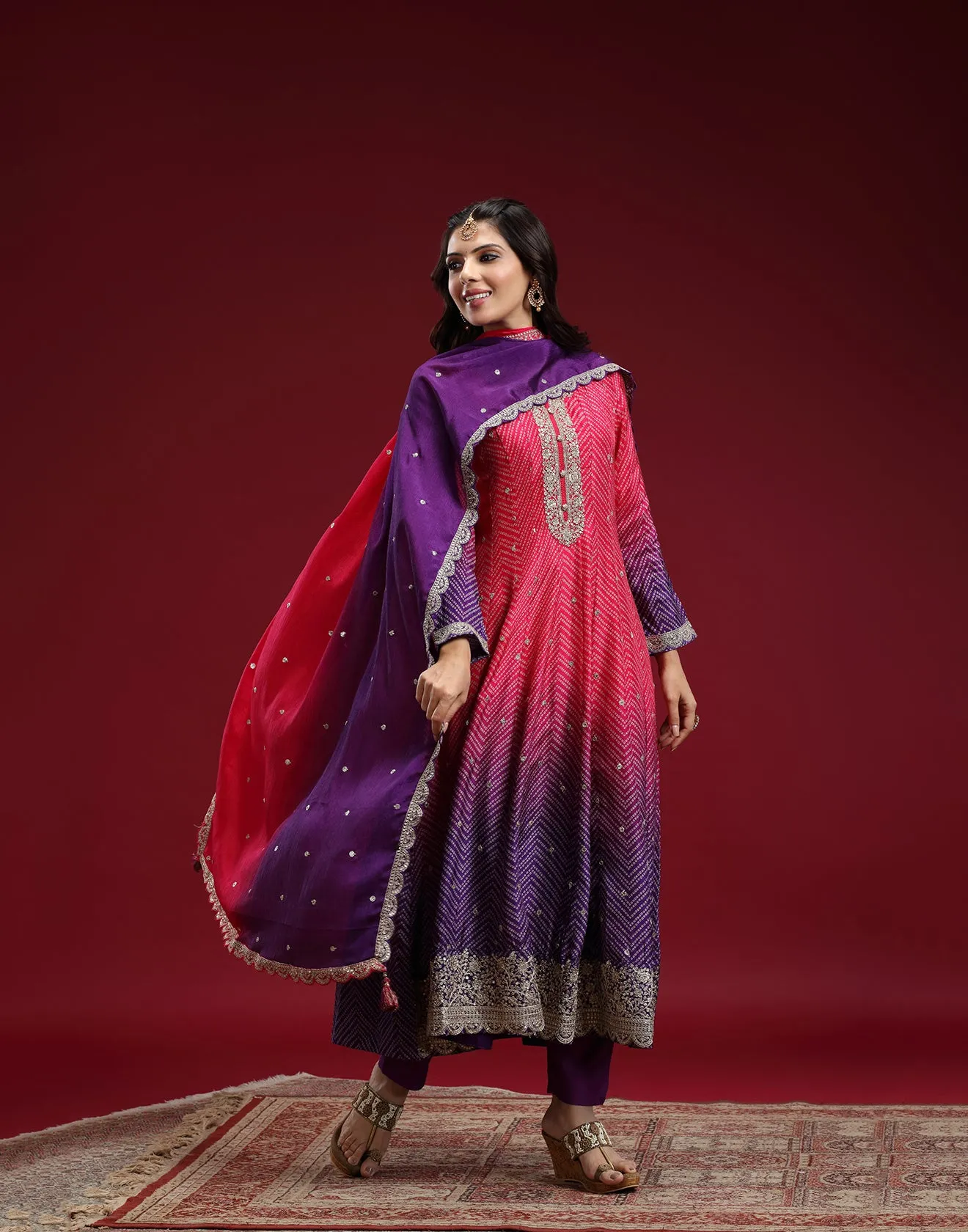 Pink And Purple Ombre Festive Anarkali Set