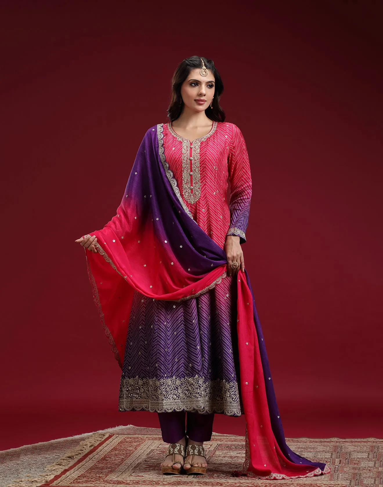 Pink And Purple Ombre Festive Anarkali Set