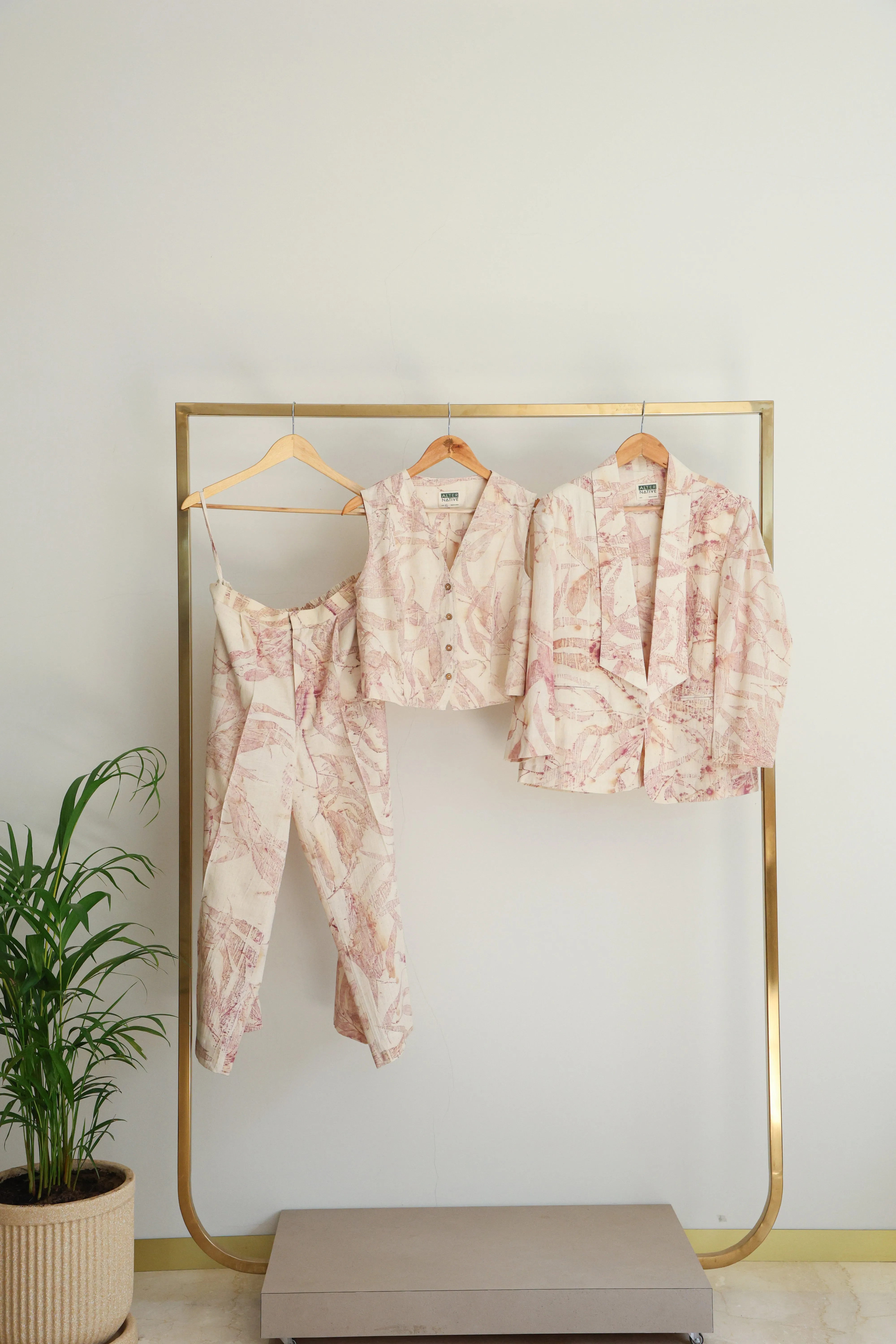 Pink Foliage 3-Piece Blazer Set with Vest & Pants