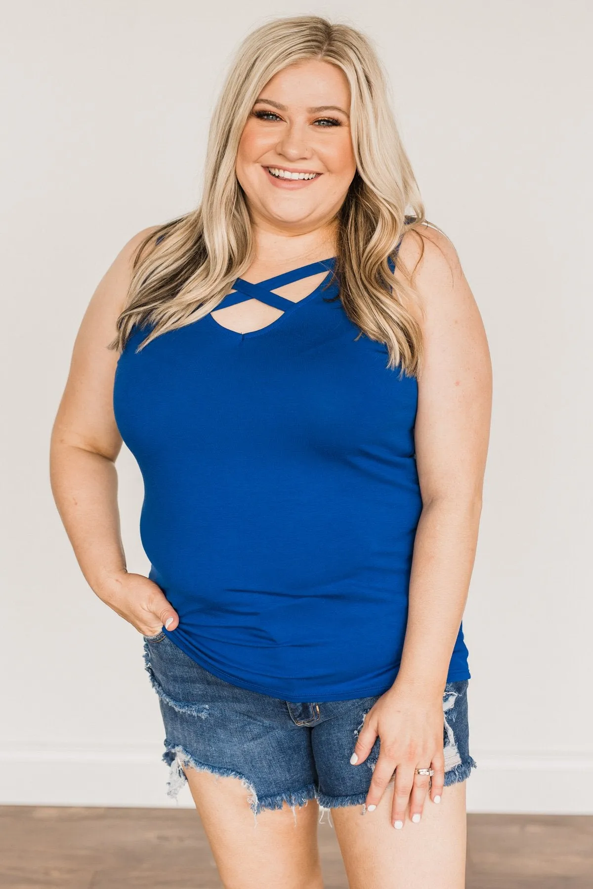 Places To Go Criss-Cross Tank Top- Royal Blue