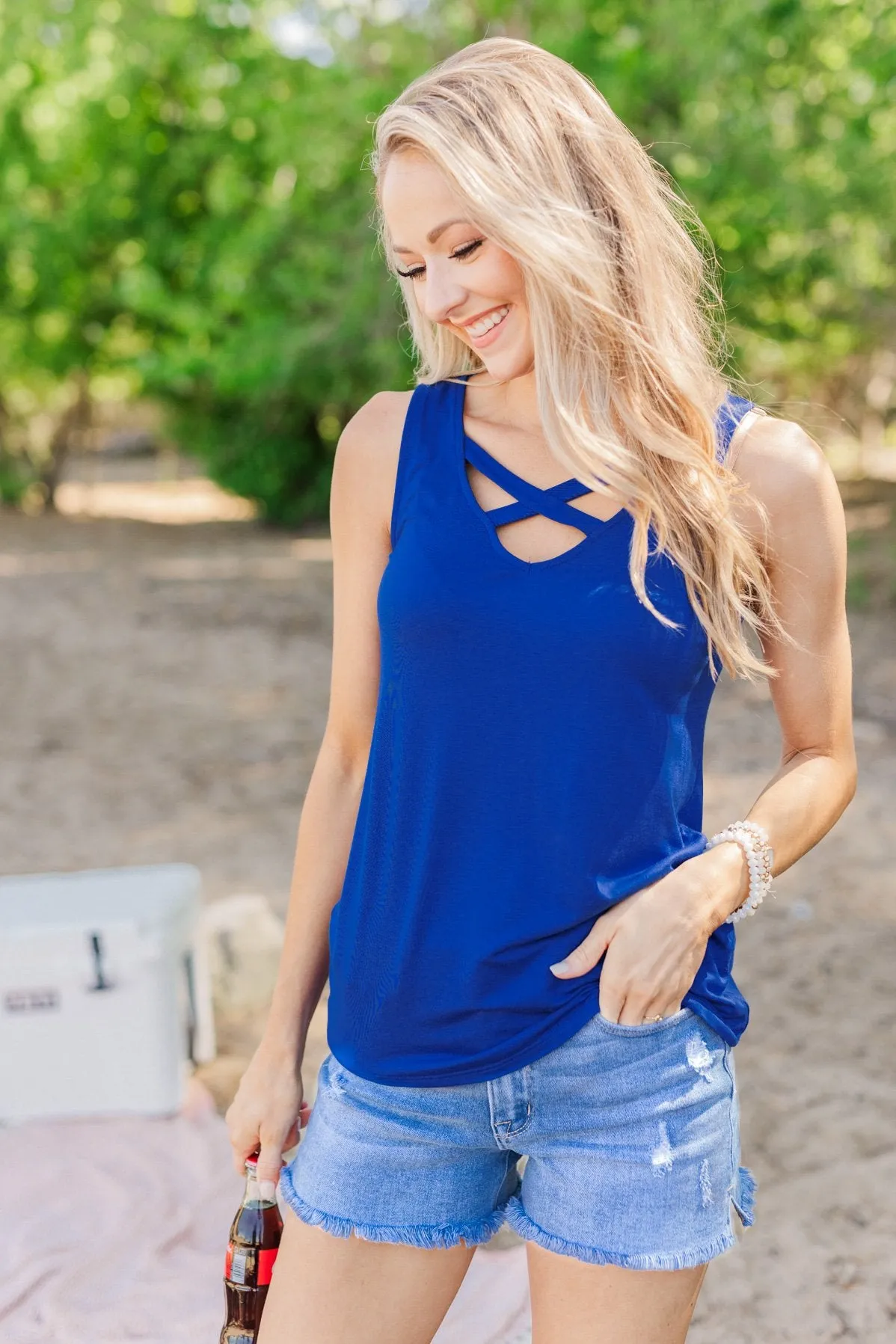 Places To Go Criss-Cross Tank Top- Royal Blue
