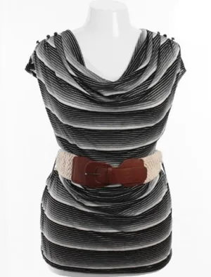 Plus Size Belted Drape Neck White And Black Striped Top