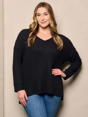 PLUS SIZE LONG SLEEVE V-NECK RIBBED TOP