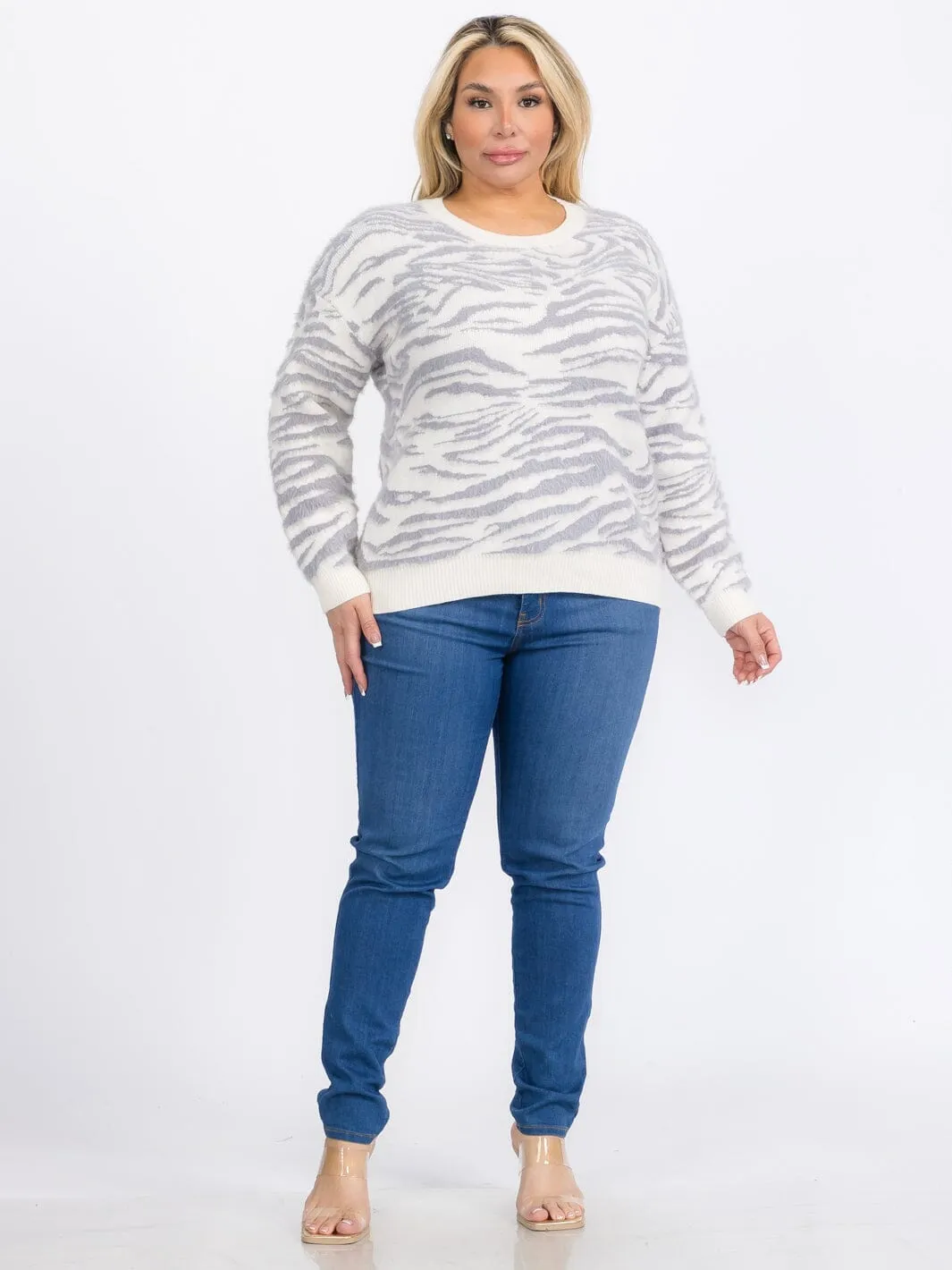 PLUS SIZE LONG SLEEVES PULLOVER COLORBLOCK ZEBRA PRINT SWEATER