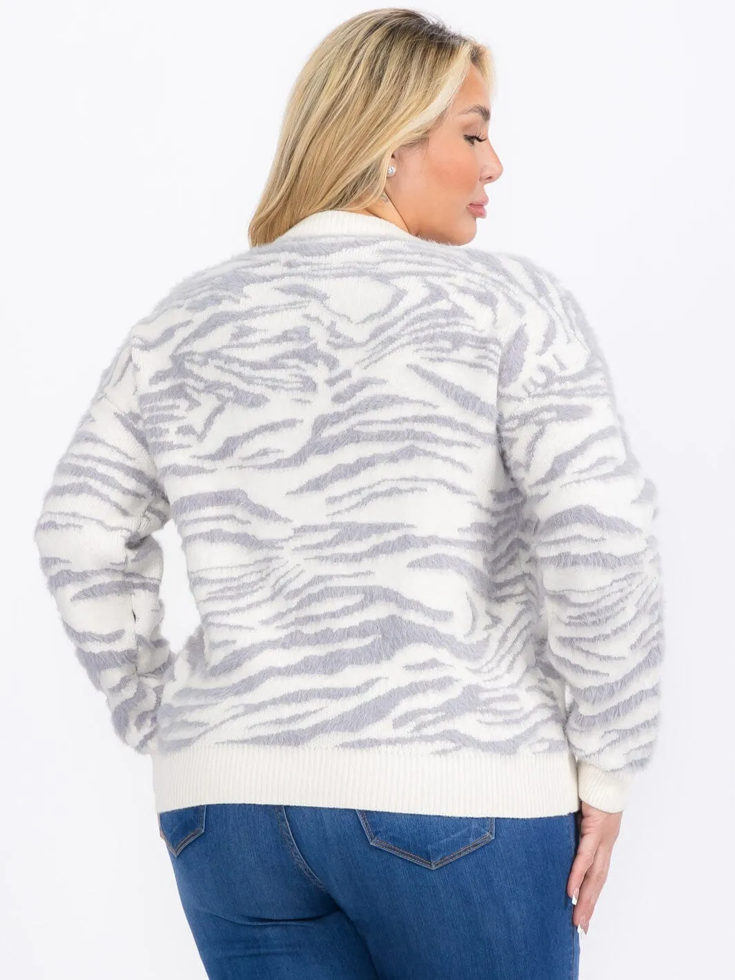 PLUS SIZE LONG SLEEVES PULLOVER COLORBLOCK ZEBRA PRINT SWEATER