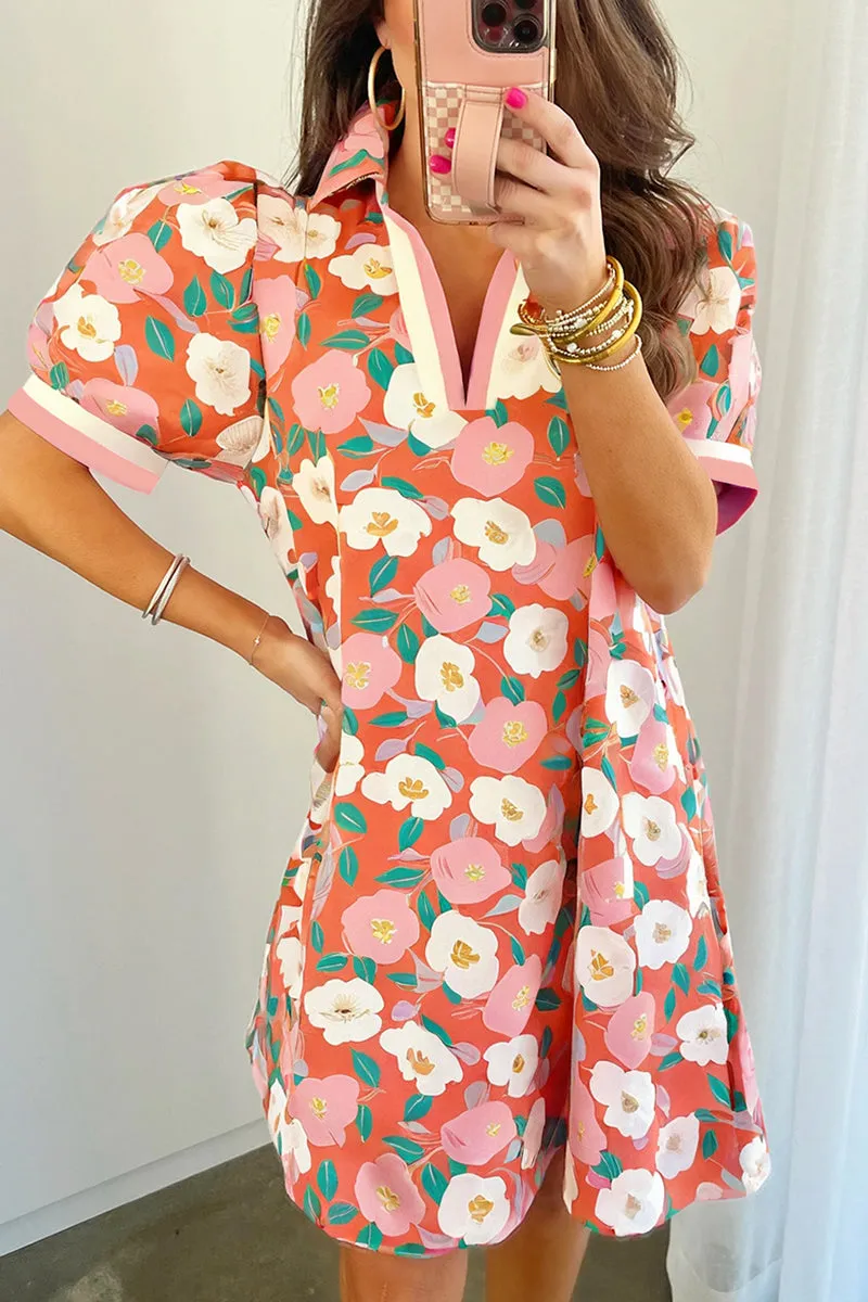 PREORDER! ETA 4/4 Salmon Watercolor Blooms V-Neck Mini Dress **SHIPPING EXPECTED TO BEGIN ON DATE 4/14**