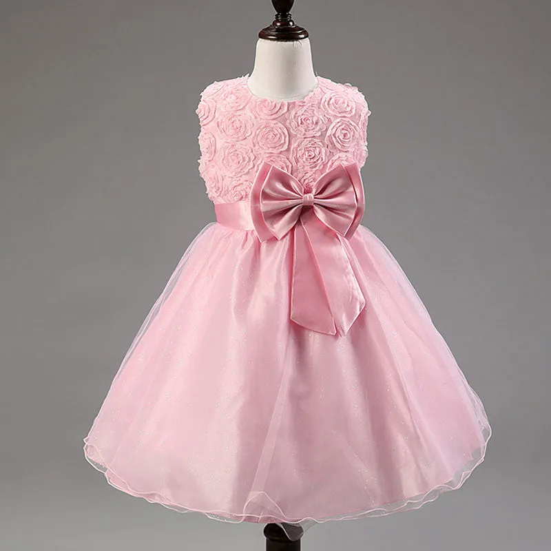 Princess Flower Girls Dresses Summer O-Neck Sleeveless Tutu Bow Dresses With Floral Waist For Children's