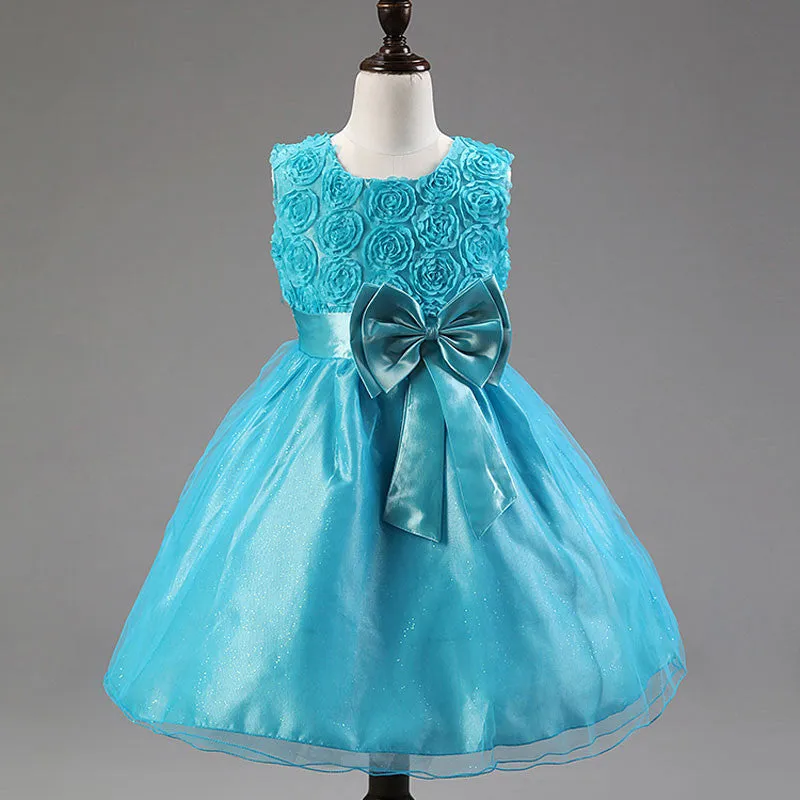 Princess Flower Girls Dresses Summer O-Neck Sleeveless Tutu Bow Dresses With Floral Waist For Children's