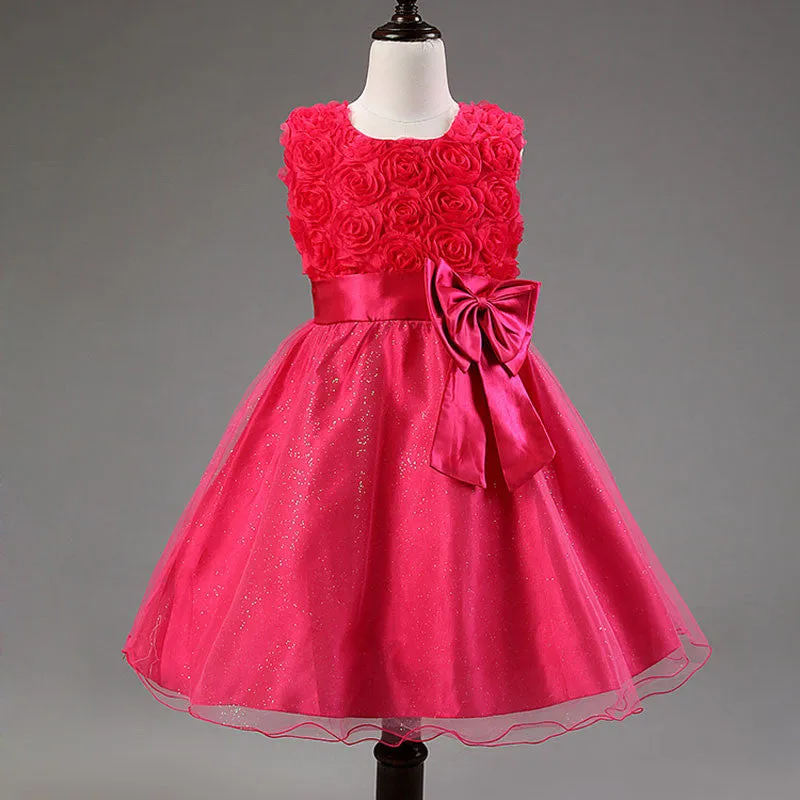Princess Flower Girls Dresses Summer O-Neck Sleeveless Tutu Bow Dresses With Floral Waist For Children's