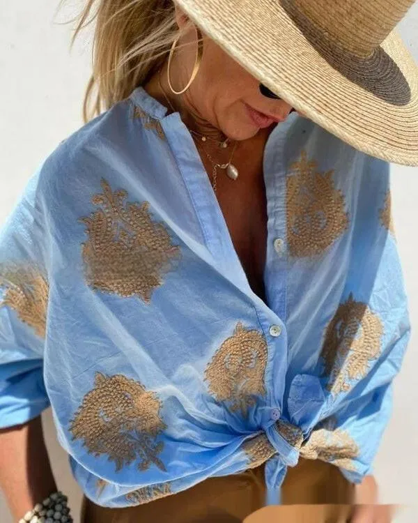 Printed Women's Long Sleeve Lapel Button Ladies Shirt