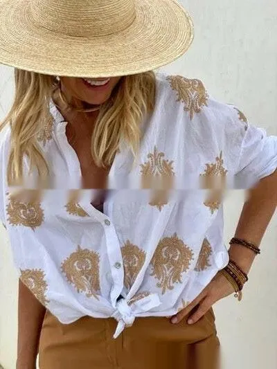 Printed Women's Long Sleeve Lapel Button Ladies Shirt