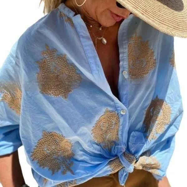 Printed Women's Long Sleeve Lapel Button Ladies Shirt