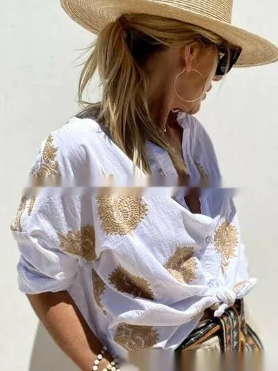 Printed Women's Long Sleeve Lapel Button Ladies Shirt