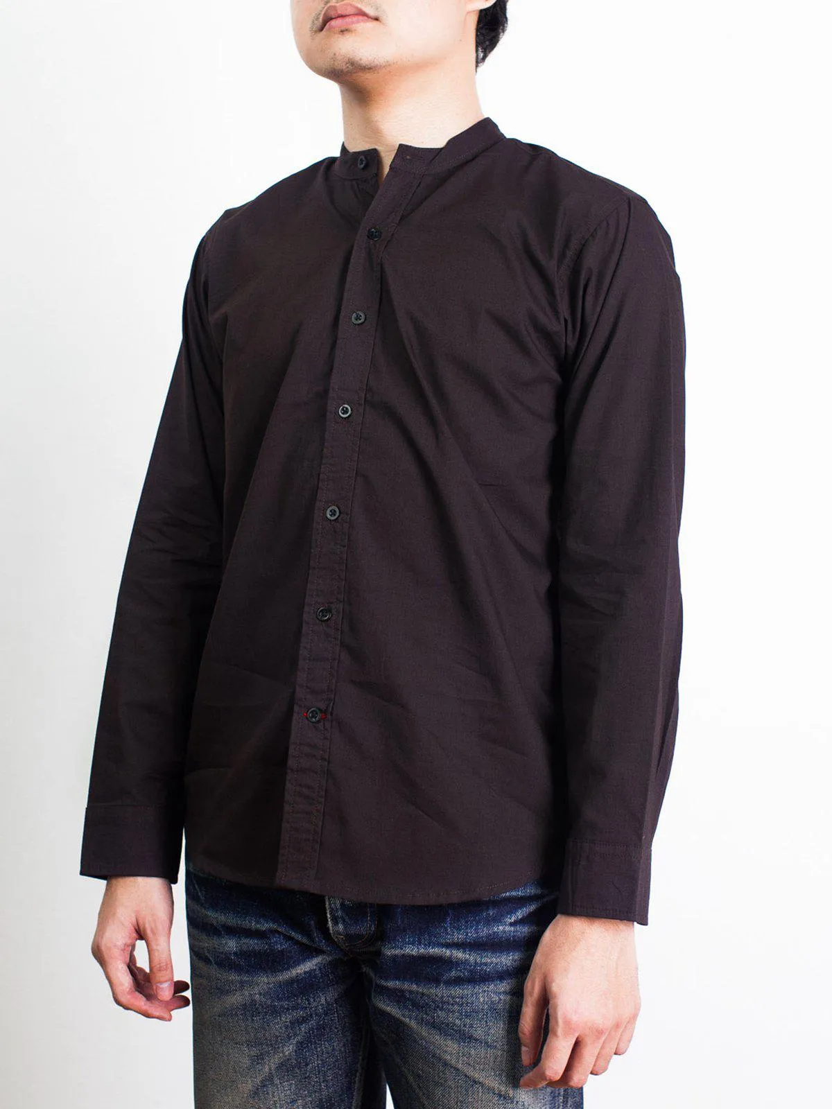 Qutn Band Collar LS Brown Poplin