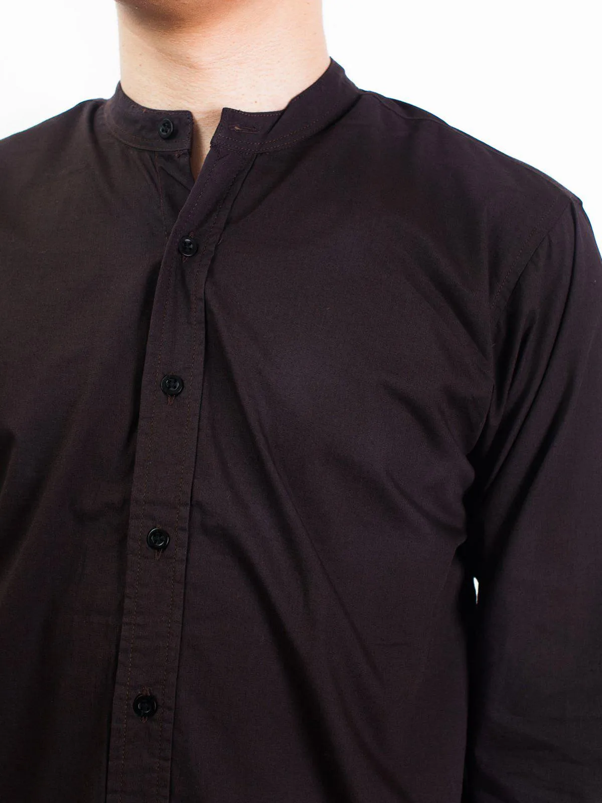Qutn Band Collar LS Brown Poplin