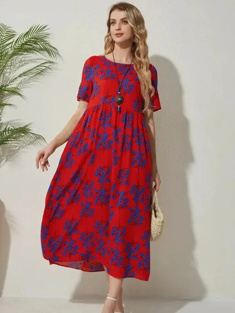 Round Neck Casual Style Floral Dresses