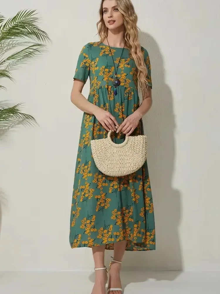 Round Neck Casual Style Floral Dresses