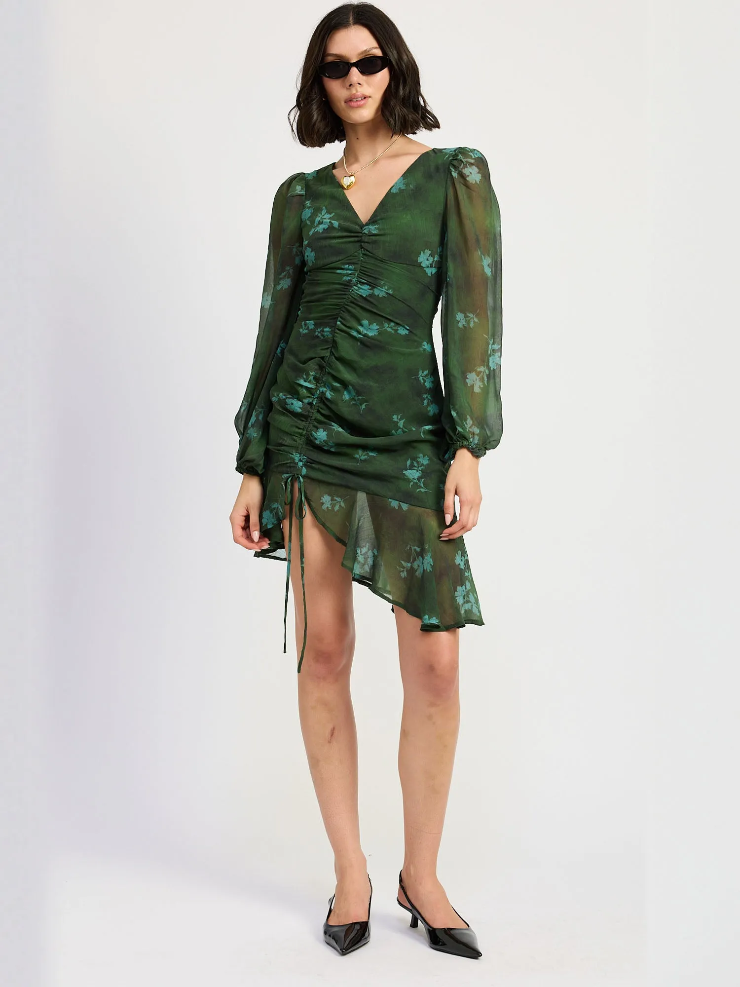 Ruched Asymmetrical Floral Mini Dress