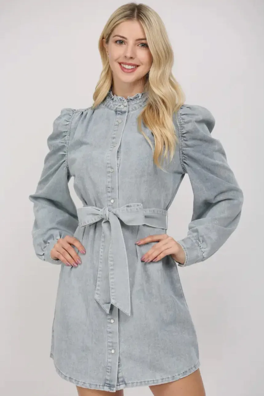 Ruffle Collar Denim Dress-M