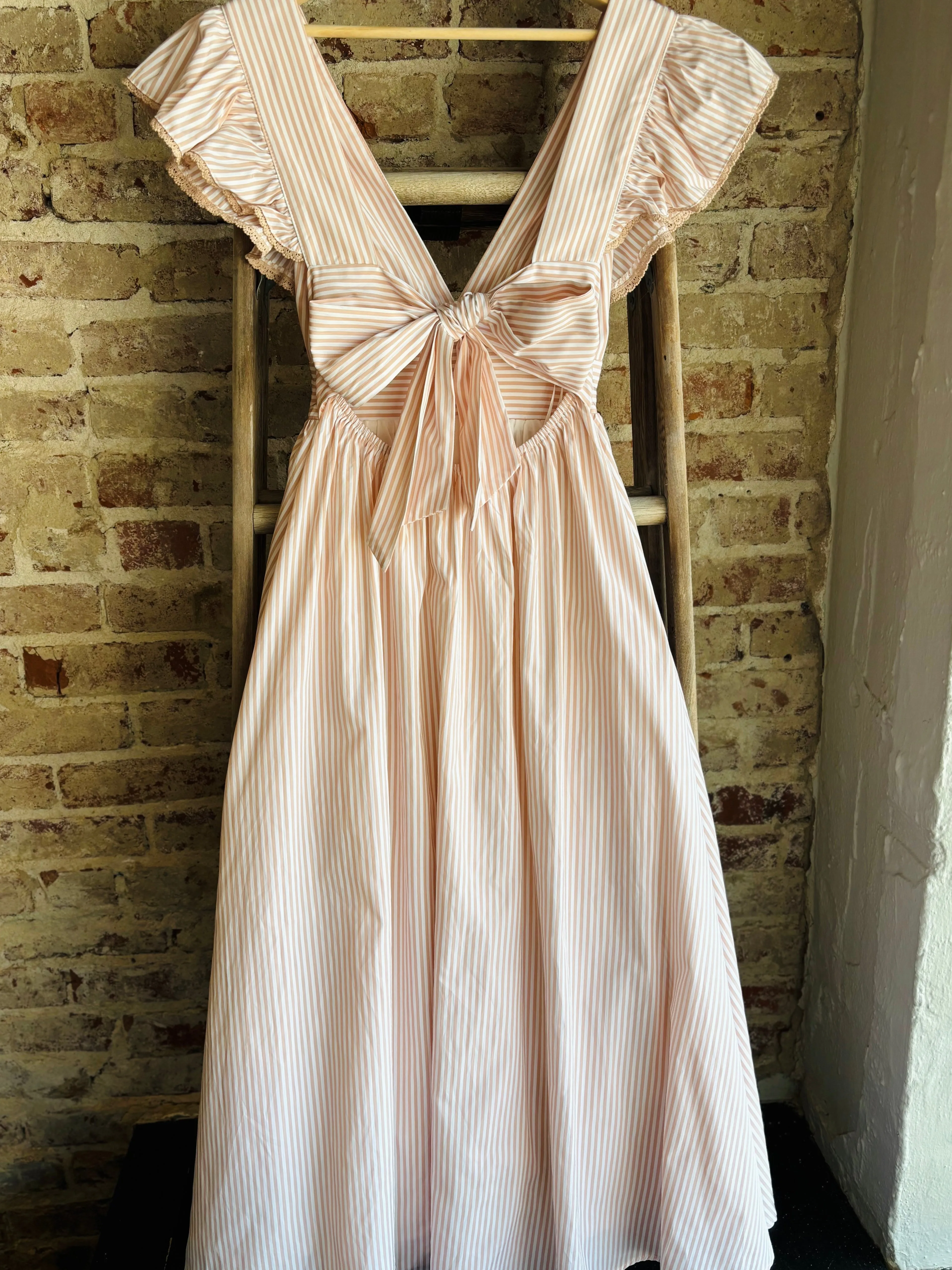 Ruffle Sleeve Striped Woven Midi Dress- Pink