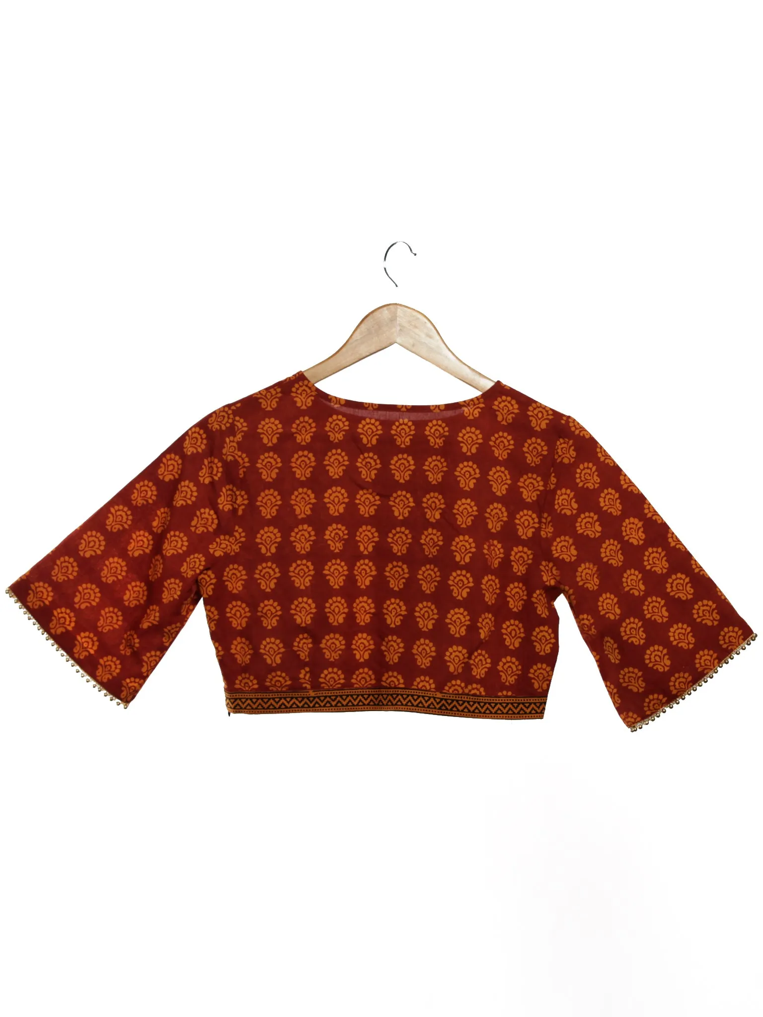Rust Yellow Black Bagh Printed Cotton Blouse With Loose Sleeves- B03F1700