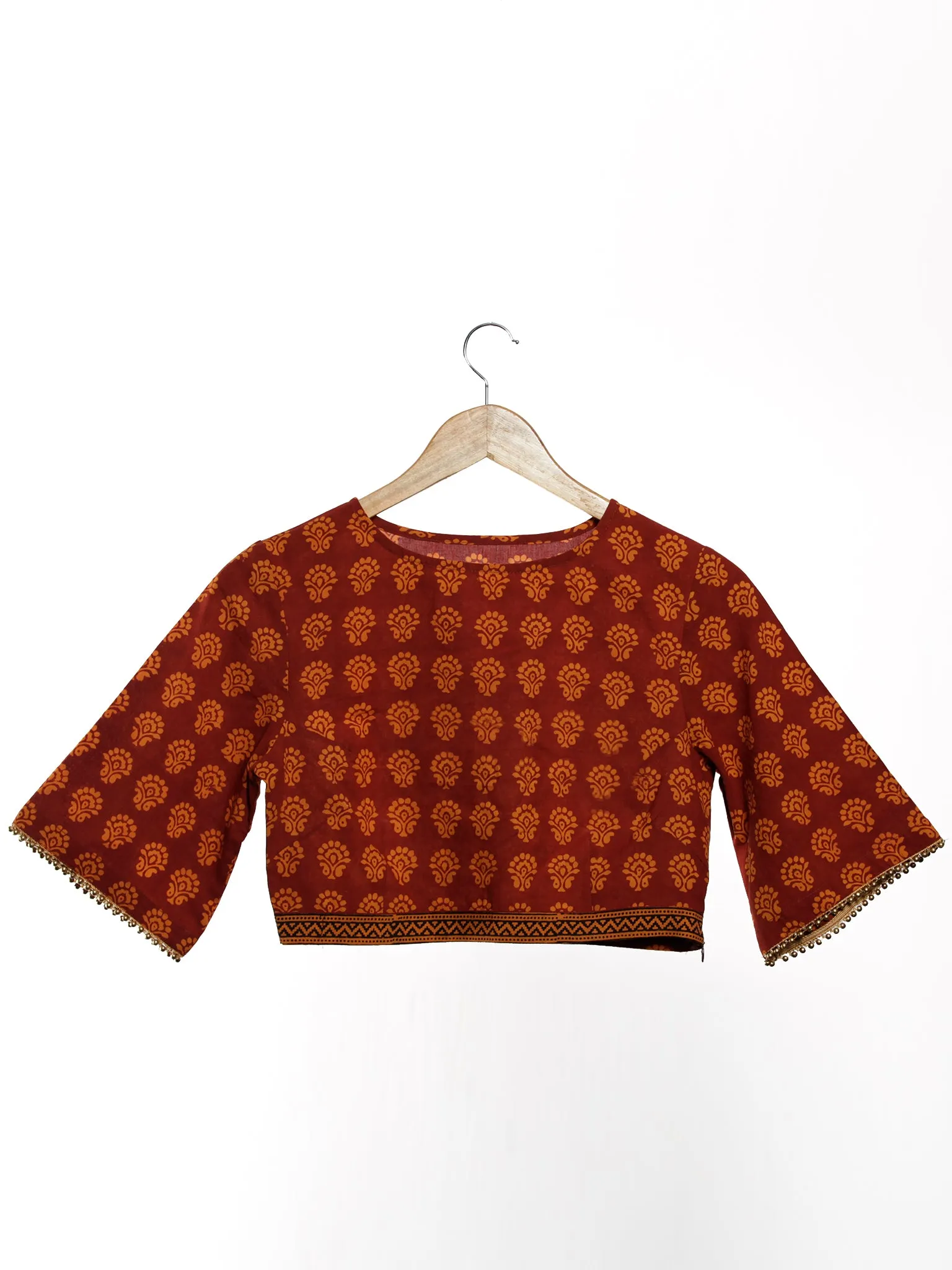 Rust Yellow Black Bagh Printed Cotton Blouse With Loose Sleeves- B03F1700
