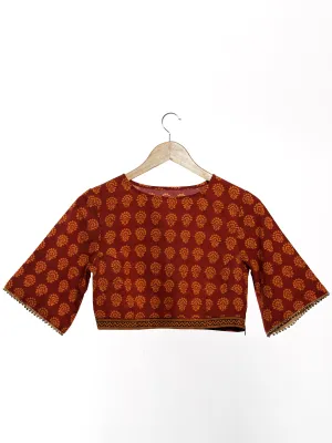 Rust Yellow Black Bagh Printed Cotton Blouse With Loose Sleeves- B03F1700