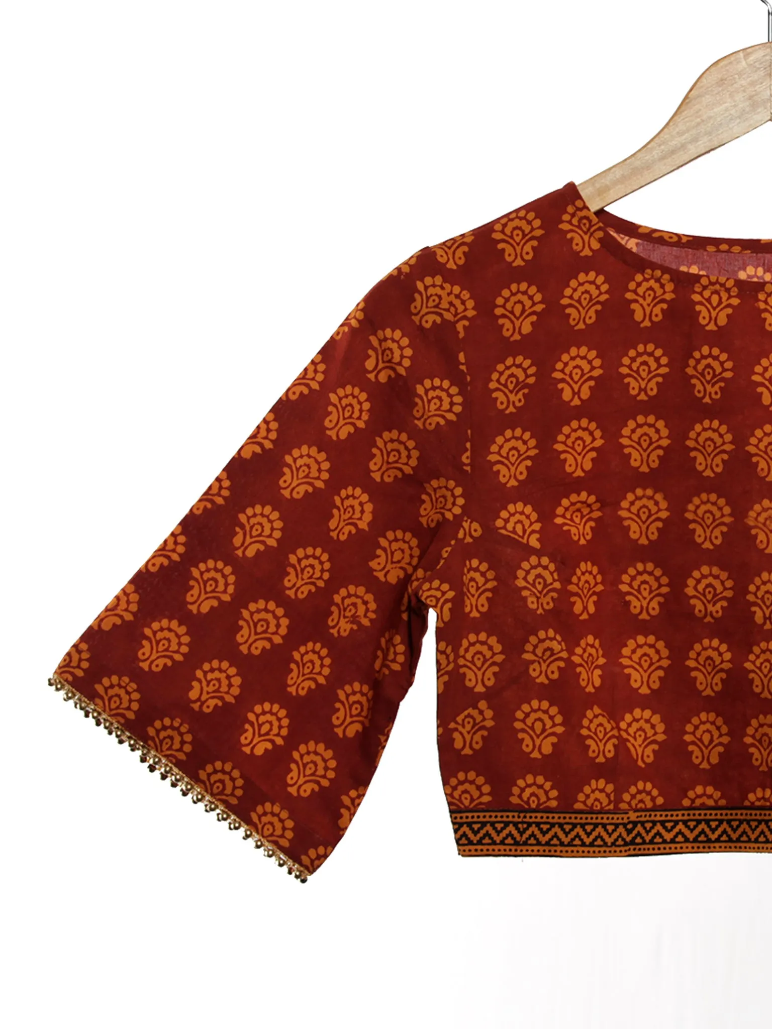 Rust Yellow Black Bagh Printed Cotton Blouse With Loose Sleeves- B03F1700