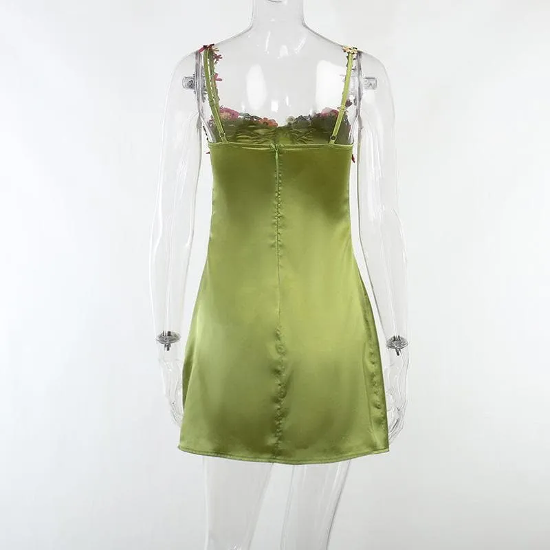 Satin flower applique contrast zip-up cami mini dress