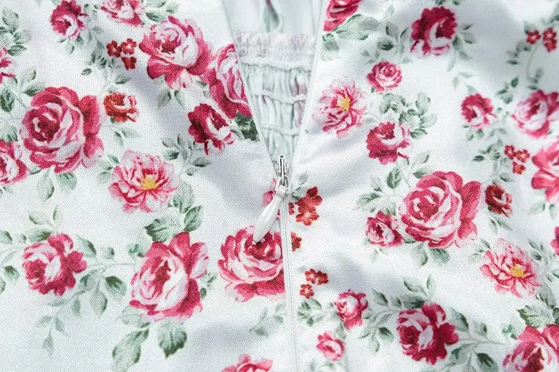 Satin flower pattern print zip-up ruched square neck short sleeve midi dress