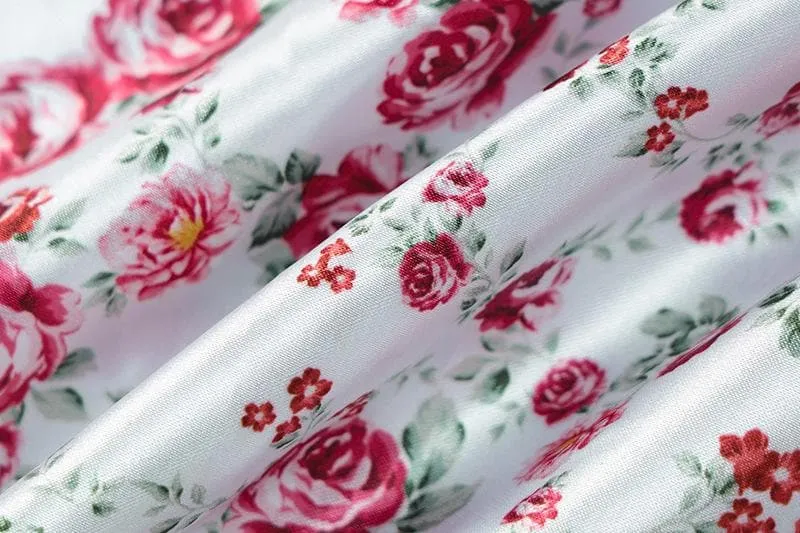 Satin flower pattern print zip-up ruched square neck short sleeve midi dress
