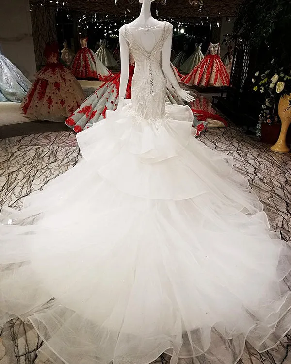 Sexy Ivory Mermaid Wedding Dresses 2018 Organza Ruffles Cap Sleeves Bridal Gowns Real