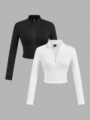SHEIN Slayr 2pcs Women's Simple Casual Autumn-Winter V-Neck Long Sleeve T-Shirts With Half Zip, White And Black