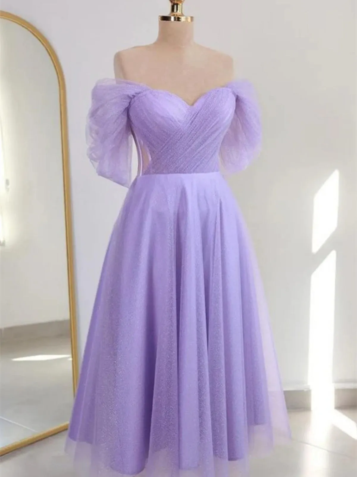 Shiny Off the Shoulder Light Blue/Lilac Tulle Tea Length Prom Dresses, Off Shoulder Light Blue/Lilac Tea Length Tulle Formal Graduation Evening Dresses