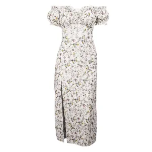 Short sleeve off shoulder puff sleeve slit flower pattern ruched midi dress
