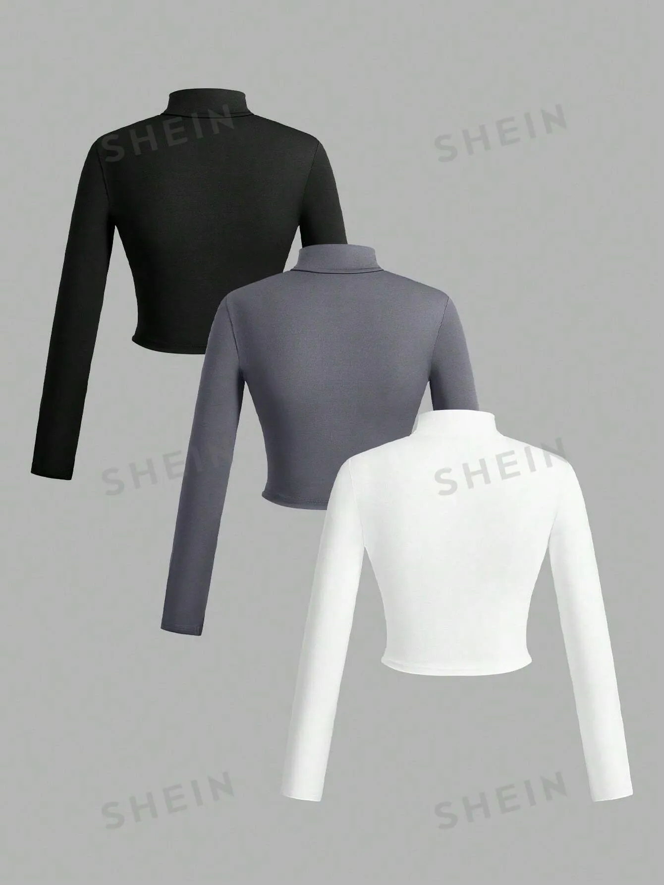 Slayr 3pcs/Set Women Simple Casual Autumn Winter Stretchy Turtleneck Zipper V-Neck Long Sleeve T-Shirts