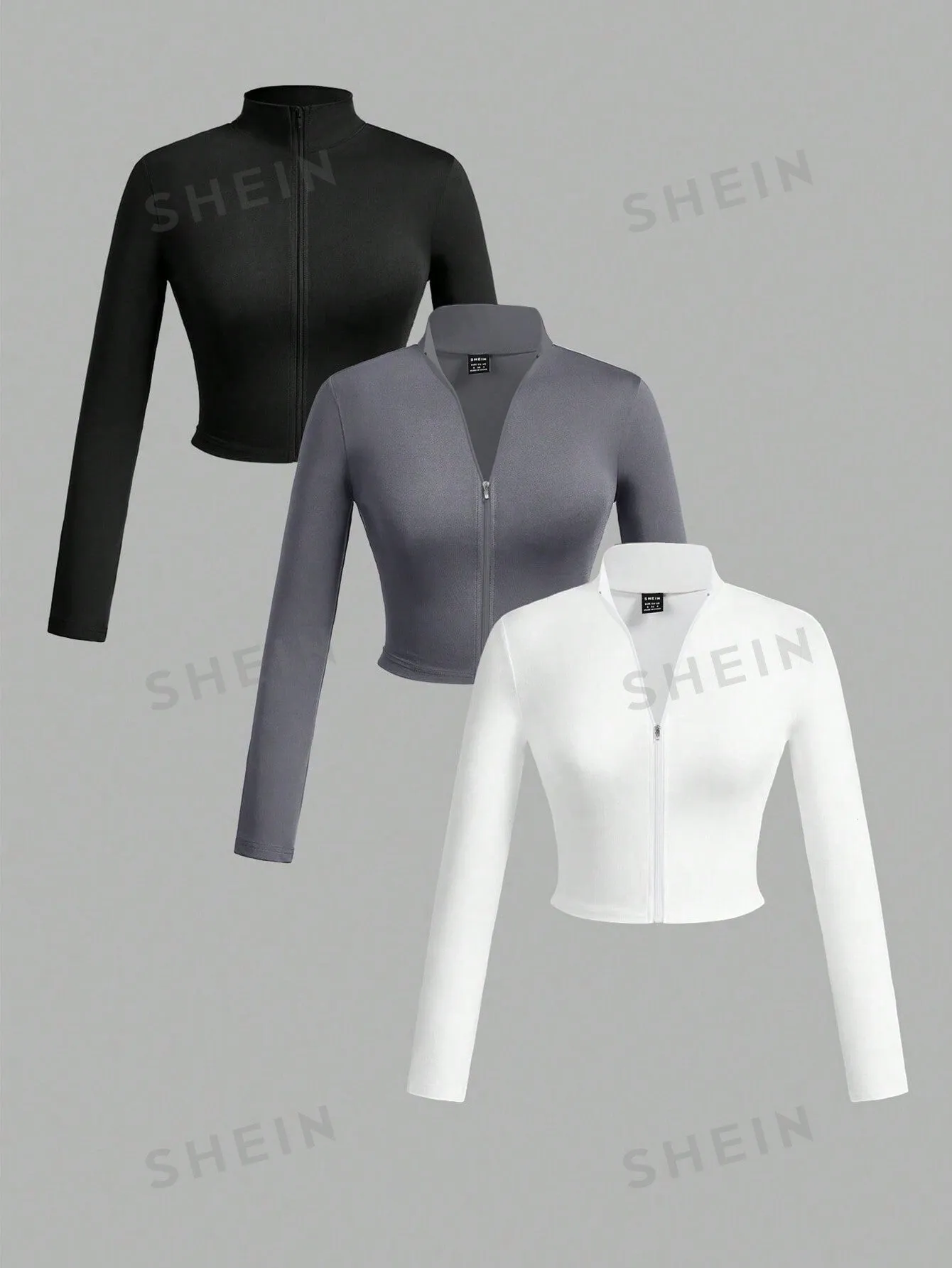 Slayr 3pcs/Set Women Simple Casual Autumn Winter Stretchy Turtleneck Zipper V-Neck Long Sleeve T-Shirts