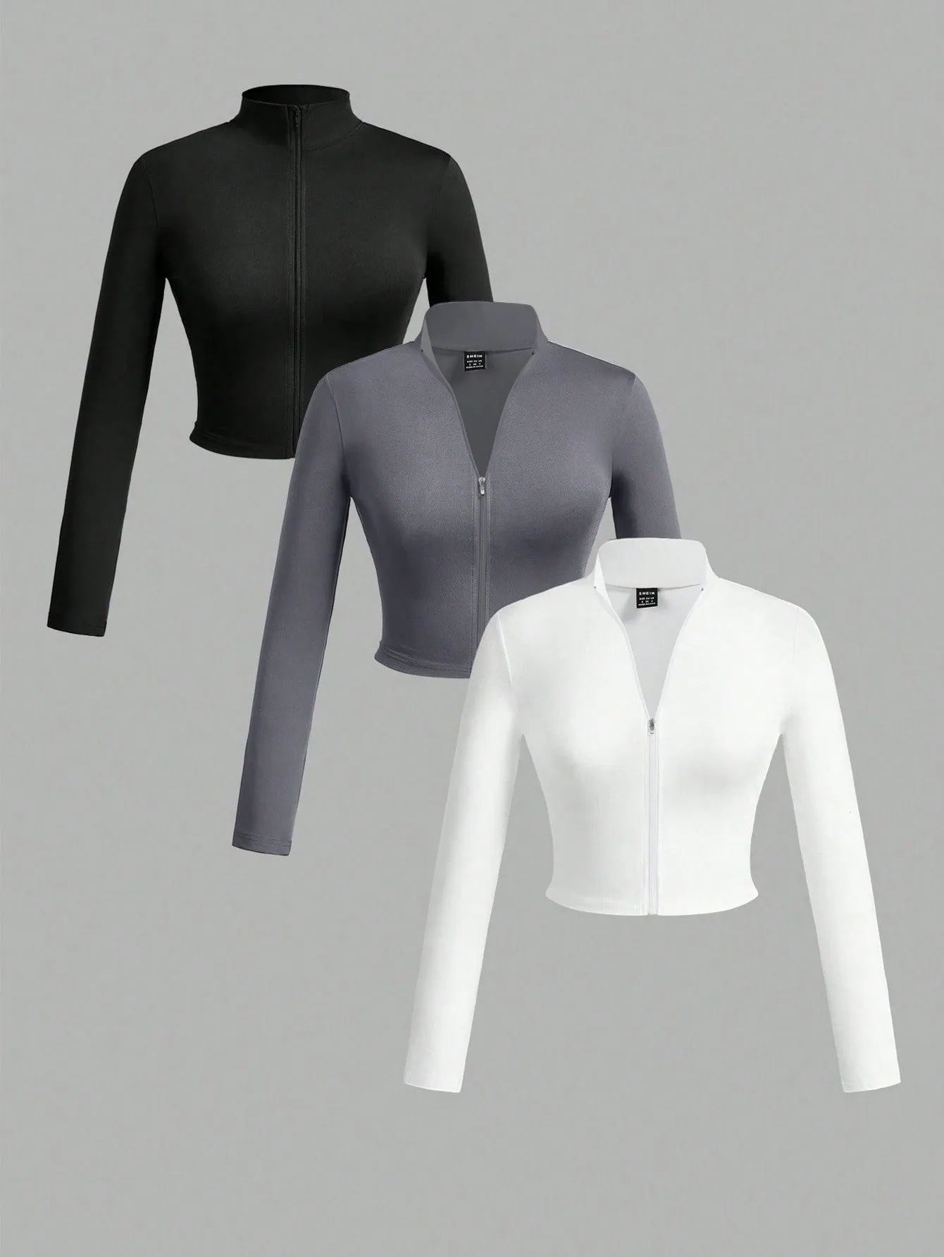 Slayr 3pcs/Set Women Simple Casual Autumn Winter Stretchy Turtleneck Zipper V-Neck Long Sleeve T-Shirts